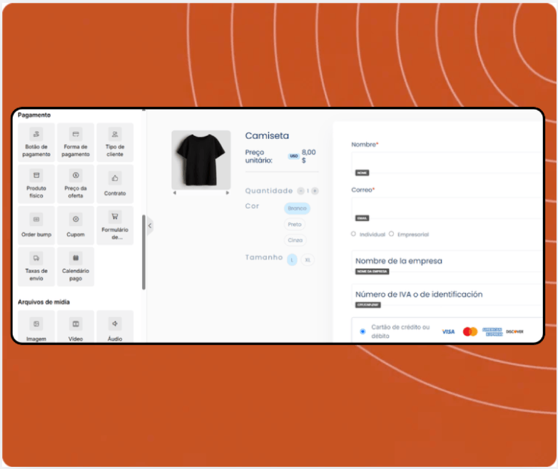 Checkout page builder in systeme.io displaying product selection, coupon field, payment options, and drag-and-drop payment elements panel.