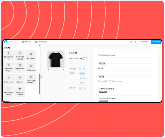 Checkout page editor in systeme.io showing payment elements, product details, coupon field, and billing information form.