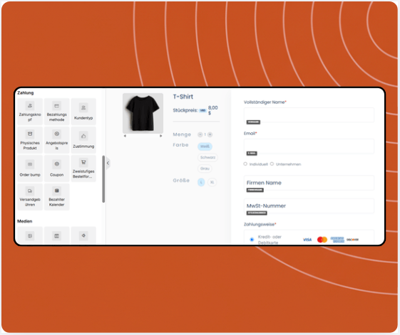 Checkout page builder in systeme.io displaying product selection, coupon field, payment options, and drag-and-drop payment elements panel.