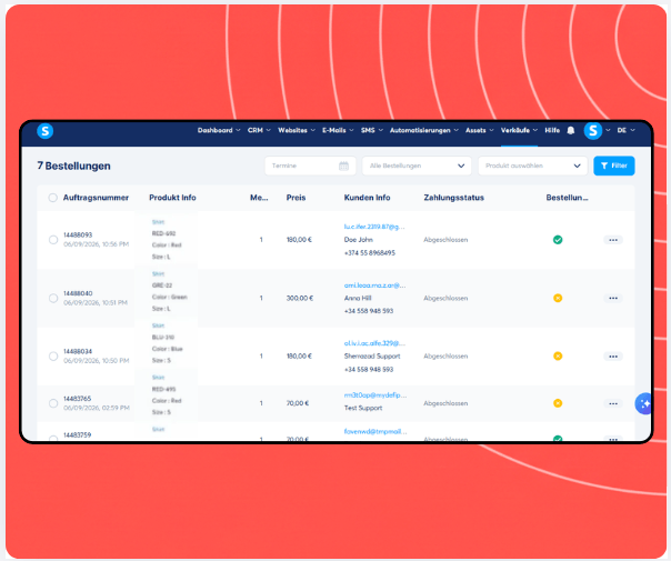 Orders management dashboard in systeme.io displaying order list with product details, customer information, payment status, and fulfillment tracking.