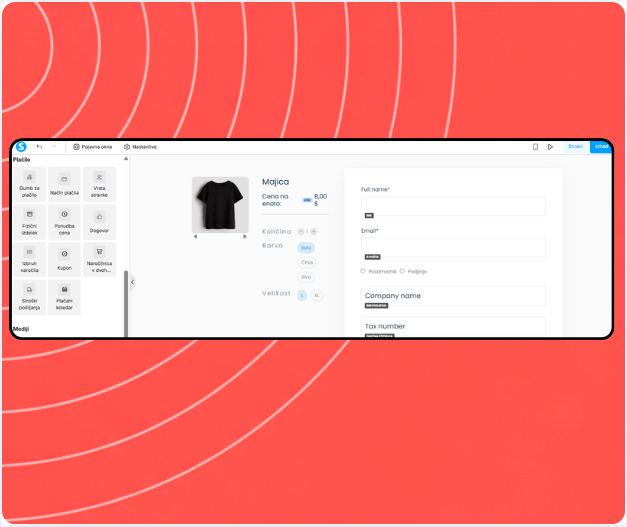 systeme.io physical product listing showing product variants, inventory, and shipping settings