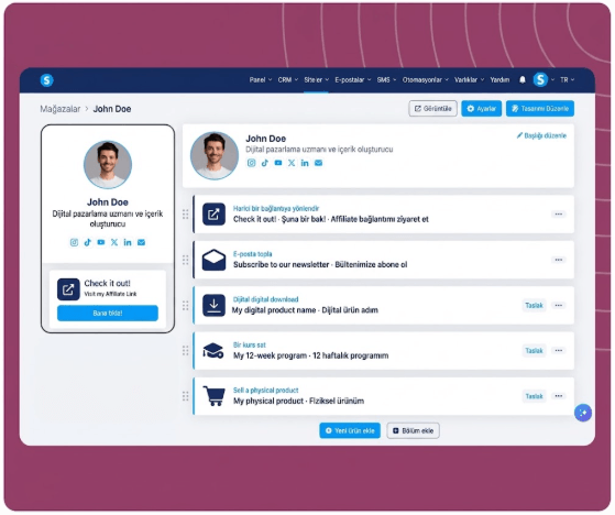 systeme.io creator store showing a single-page product storefront linked from a social media bio