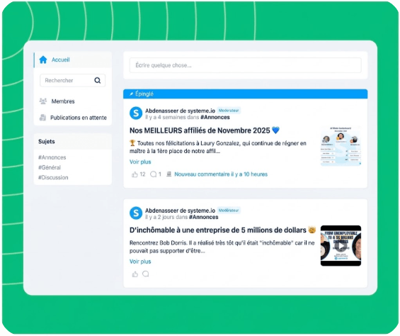systeme.io online community dashboard showing member posts and community settings