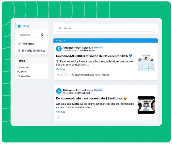 systeme.io online community dashboard showing member posts and community settings