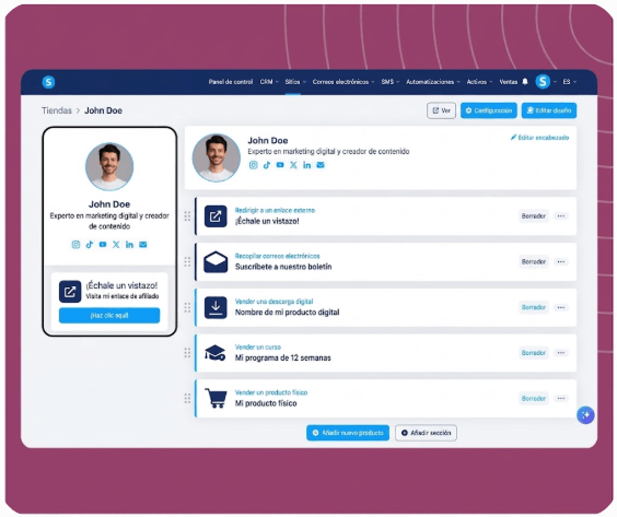 systeme.io creator store showing a single-page product storefront linked from a social media bio