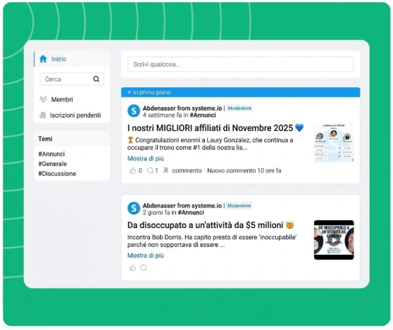 systeme.io online community dashboard showing member posts and community settings