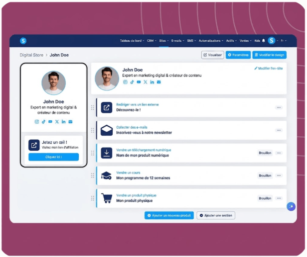 systeme.io creator store showing a single-page product storefront linked from a social media bio