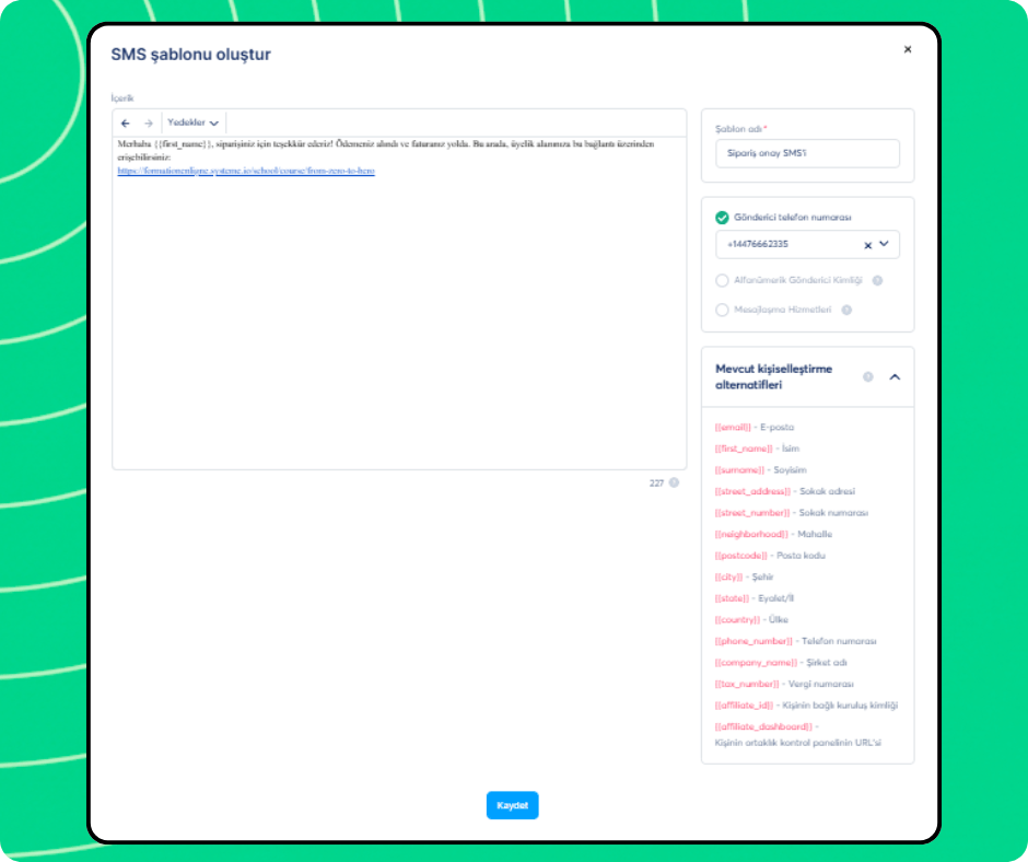 SMS template creation editor in systeme.io with message content, sender number selection, and personalization variables for dynamic fields.
