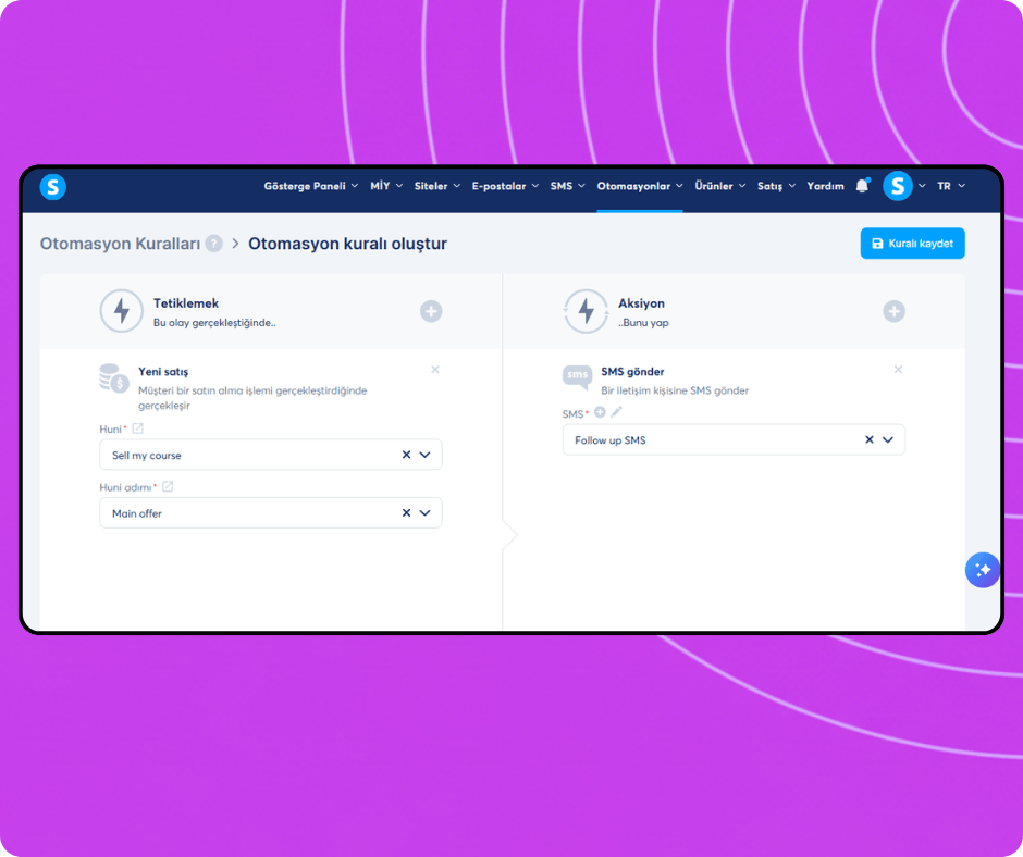 Automation rule builder in systeme.io configuring a trigger for new sales and an action to send an SMS campaign to customers.