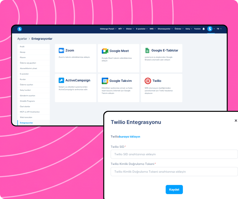 Integrations settings in systeme.io with available apps and Twilio integration setup for connecting SMS services using API credentials.