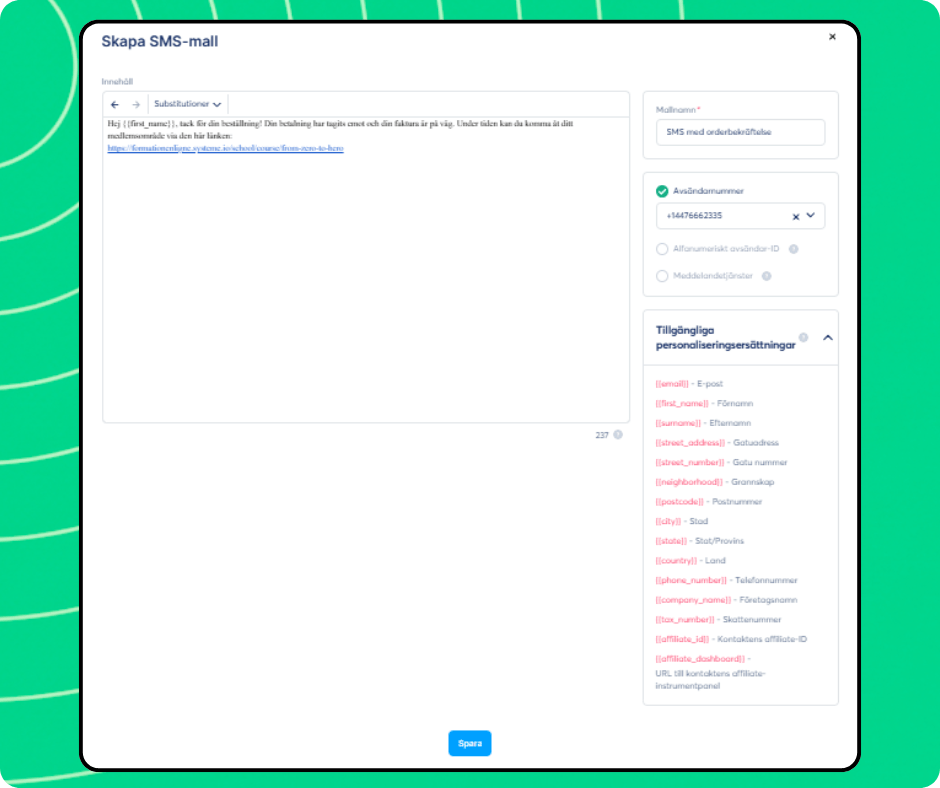 SMS template creation editor in systeme.io with message content, sender number selection, and personalization variables for dynamic fields.
