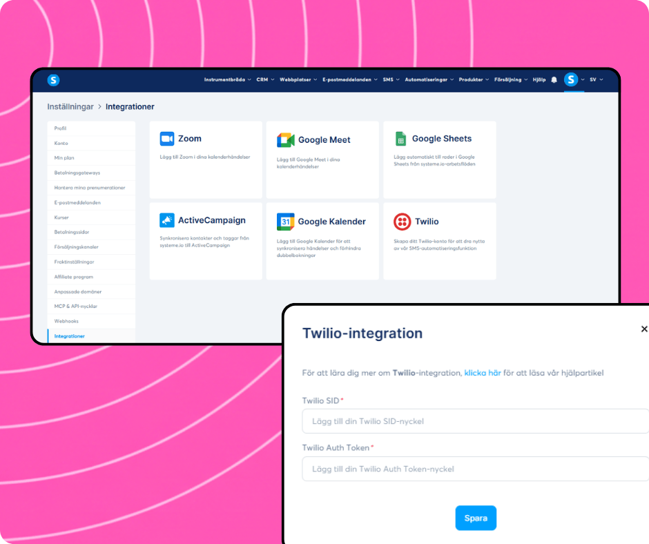 Integrations settings in systeme.io with available apps and Twilio integration setup for connecting SMS services using API credentials.