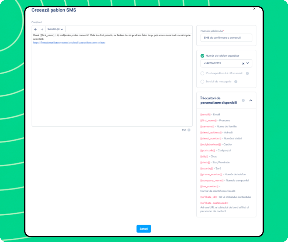 SMS template creation editor in systeme.io with message content, sender number selection, and personalization variables for dynamic fields.