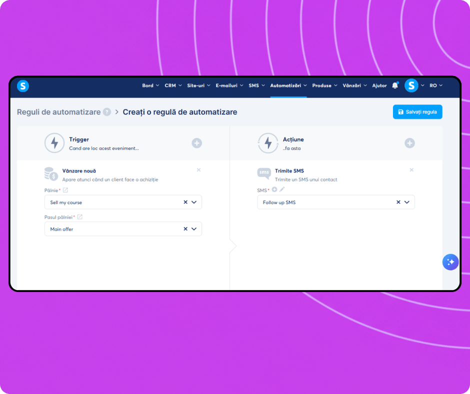 Automation rule builder in systeme.io configuring a trigger for new sales and an action to send an SMS campaign to customers.