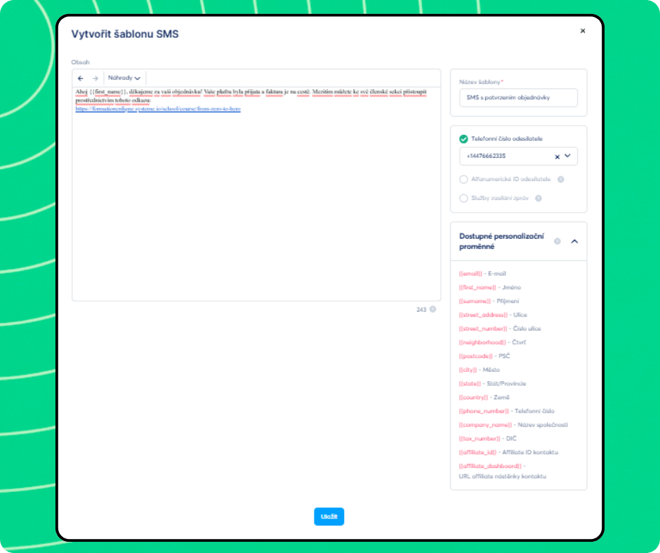 SMS template creation editor in systeme.io with message content, sender number selection, and personalization variables for dynamic fields.