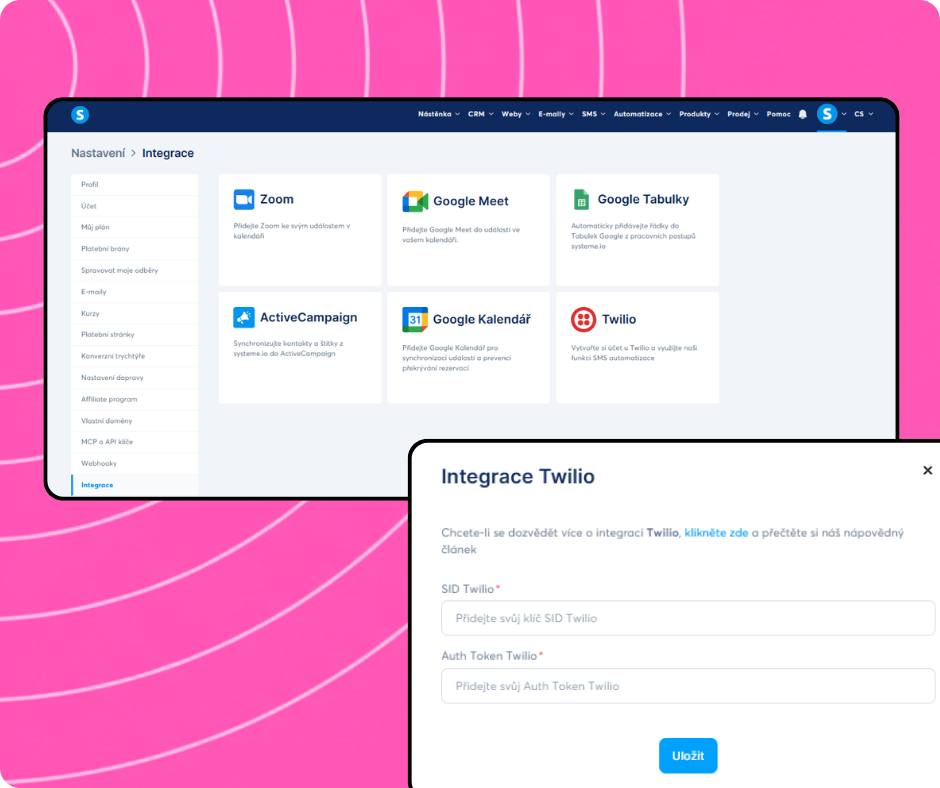 Integrations settings in systeme.io with available apps and Twilio integration setup for connecting SMS services using API credentials.