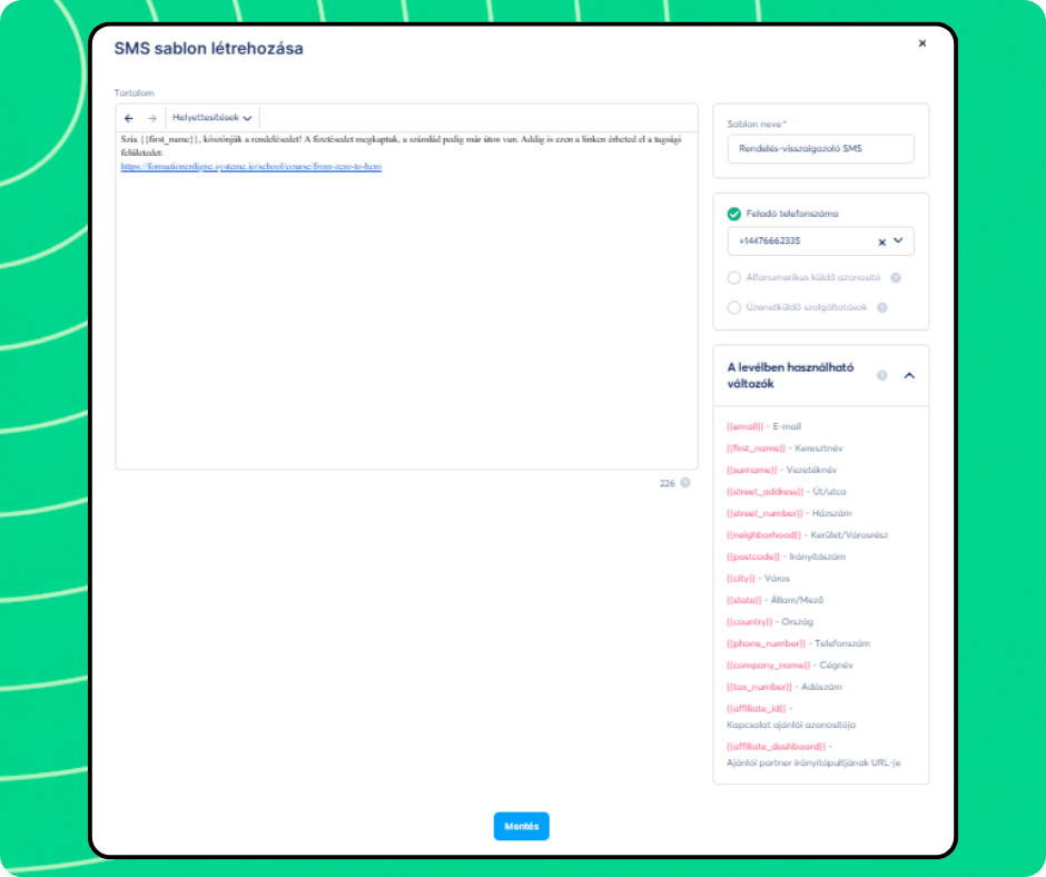 SMS template creation editor in systeme.io with message content, sender number selection, and personalization variables for dynamic fields.