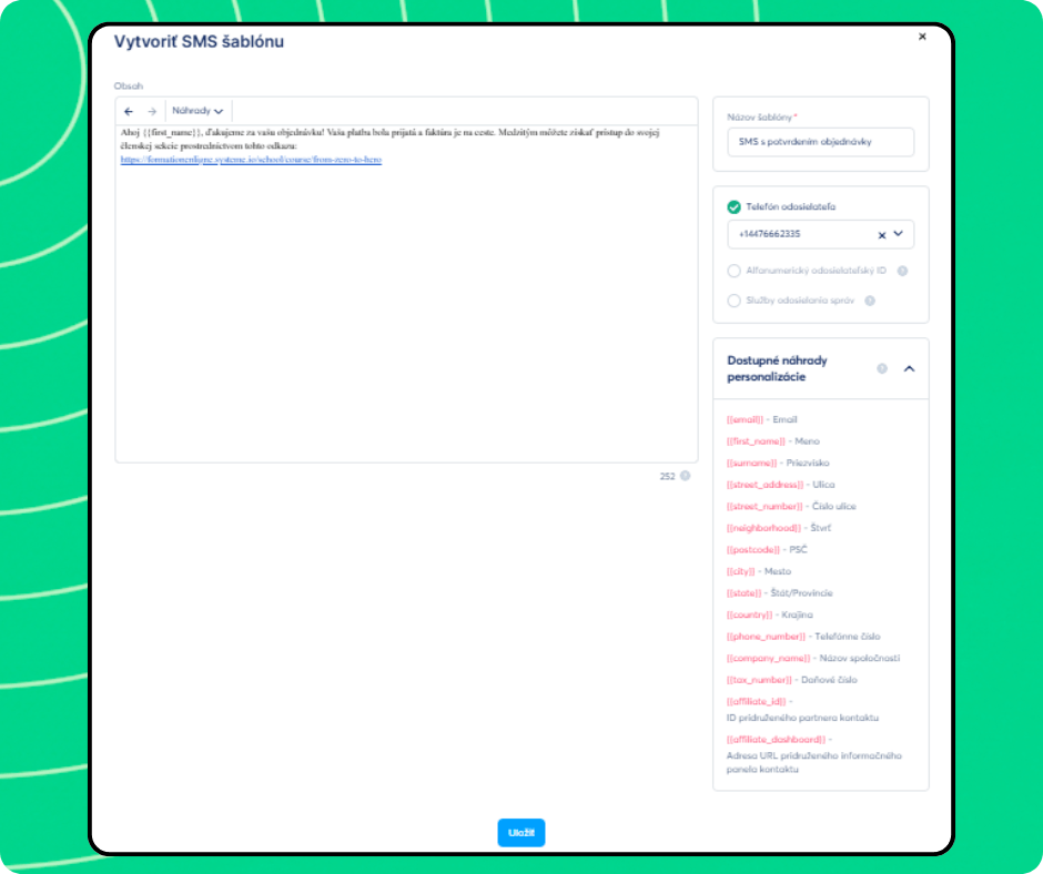 SMS template creation editor in systeme.io with message content, sender number selection, and personalization variables for dynamic fields.