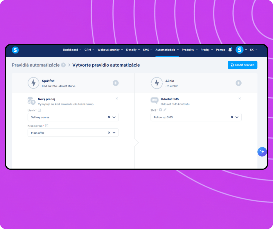 Automation rule builder in systeme.io configuring a trigger for new sales and an action to send an SMS campaign to customers.