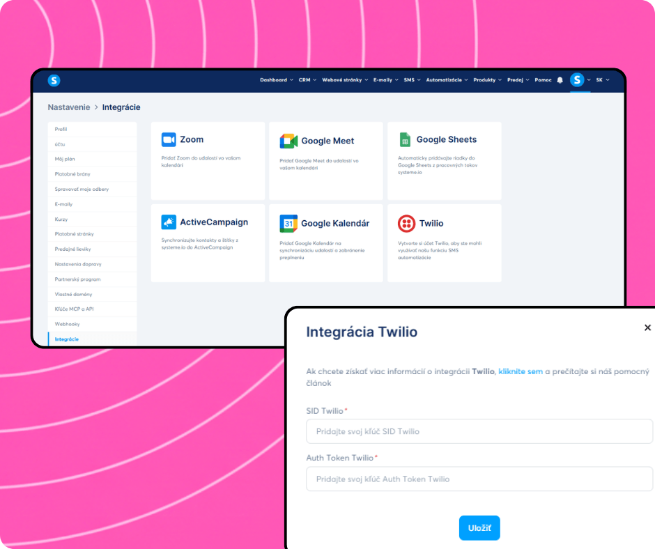 Integrations settings in systeme.io with available apps and Twilio integration setup for connecting SMS services using API credentials.