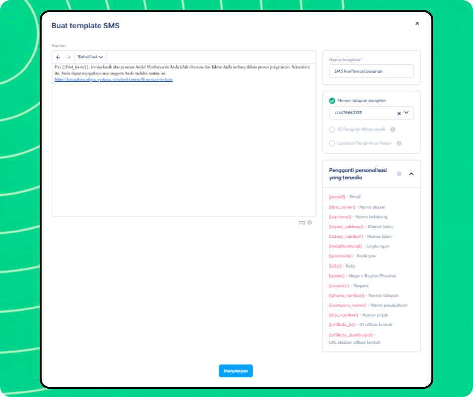 SMS template creation editor in systeme.io with message content, sender number selection, and personalization variables for dynamic fields.