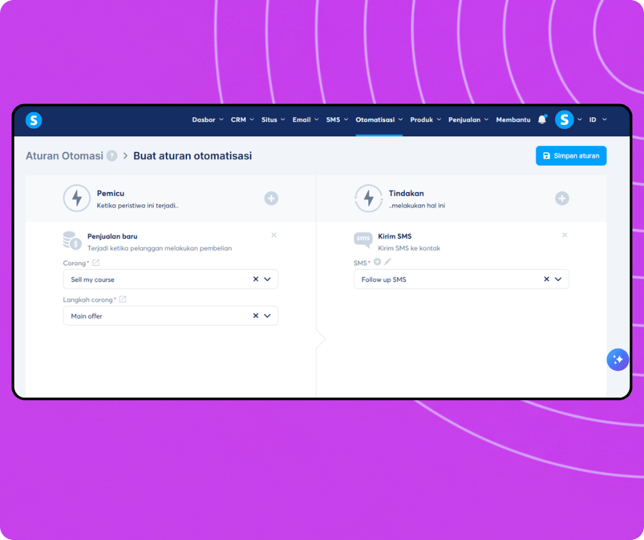 Automation rule builder in systeme.io configuring a trigger for new sales and an action to send an SMS campaign to customers.