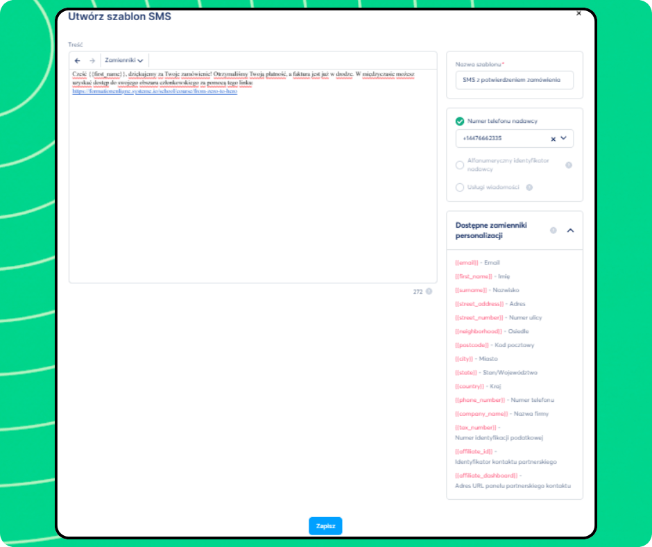 SMS template creation editor in systeme.io with message content, sender number selection, and personalization variables for dynamic fields.