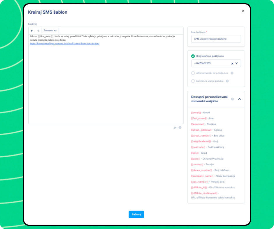 SMS template creation editor in systeme.io with message content, sender number selection, and personalization variables for dynamic fields.
