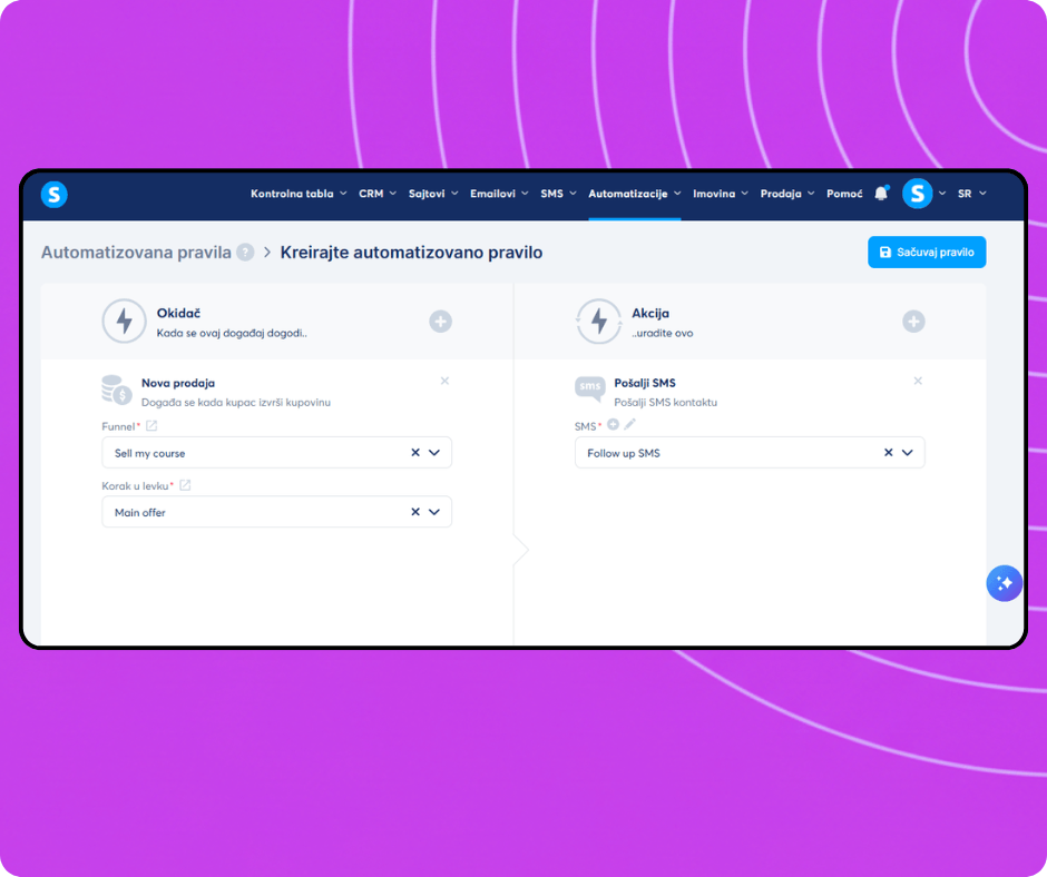 Automation rule builder in systeme.io configuring a trigger for new sales and an action to send an SMS campaign to customers.