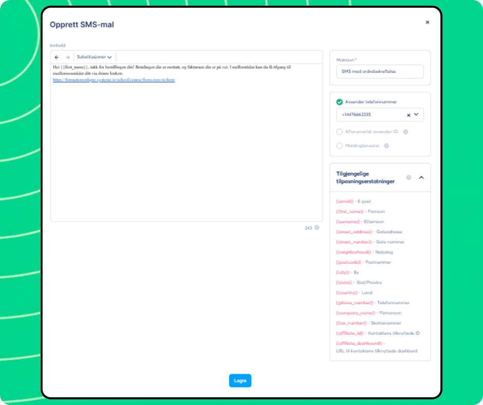 SMS template creation editor in systeme.io with message content, sender number selection, and personalization variables for dynamic fields.