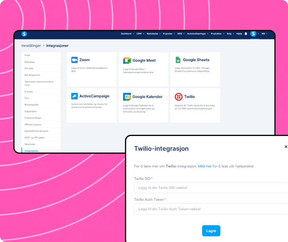 Integrations settings in systeme.io with available apps and Twilio integration setup for connecting SMS services using API credentials.