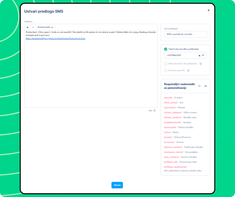 SMS template creation editor in systeme.io with message content, sender number selection, and personalization variables for dynamic fields.