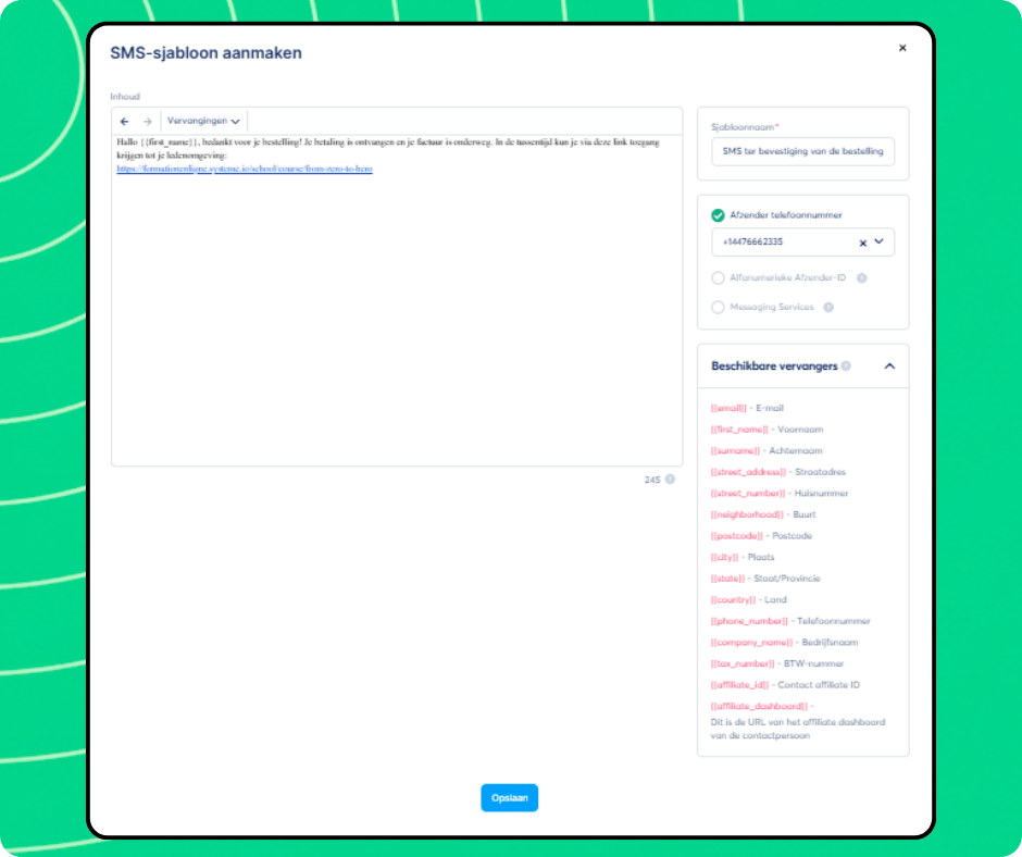SMS template creation editor in systeme.io with message content, sender number selection, and personalization variables for dynamic fields.