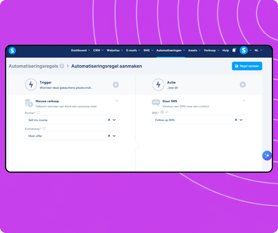 Automation rule builder in systeme.io configuring a trigger for new sales and an action to send an SMS campaign to customers.