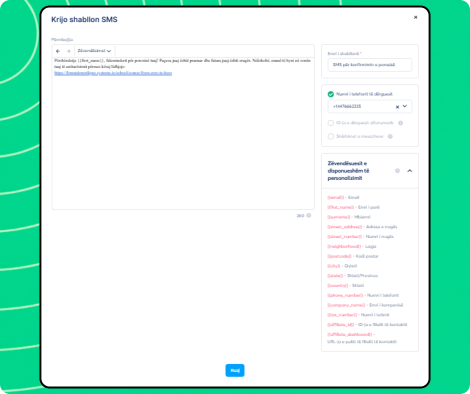 SMS template creation editor in systeme.io with message content, sender number selection, and personalization variables for dynamic fields.