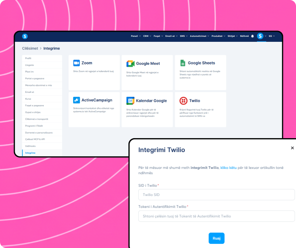 Integrations settings in systeme.io with available apps and Twilio integration setup for connecting SMS services using API credentials.