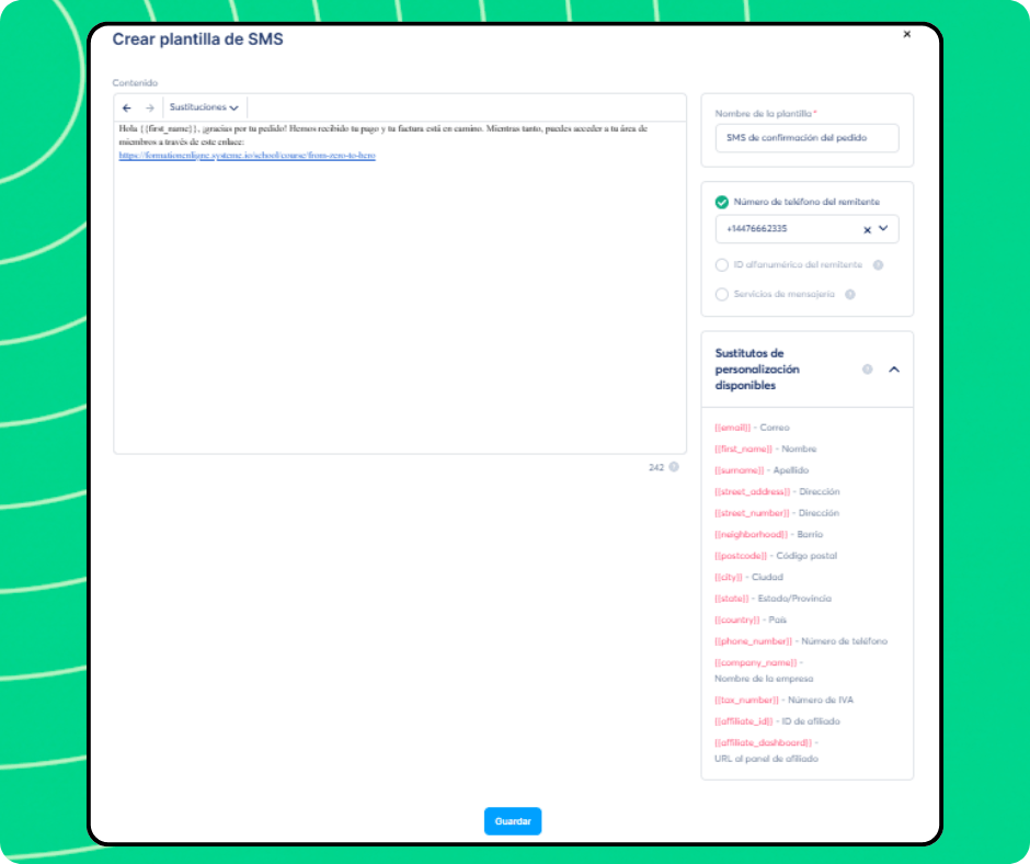 SMS template creation editor in systeme.io with message content, sender number selection, and personalization variables for dynamic fields.