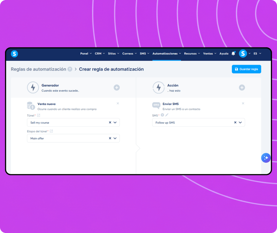 Automation rule builder in systeme.io configuring a trigger for new sales and an action to send an SMS campaign to customers.