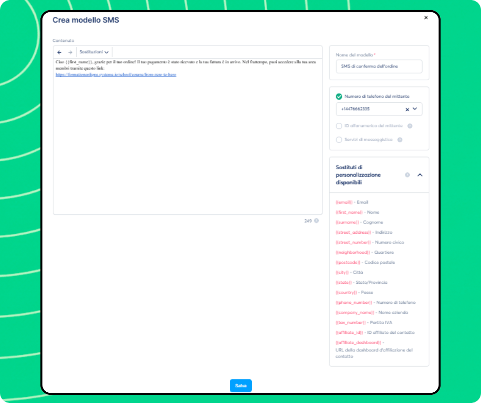 SMS template creation editor in systeme.io with message content, sender number selection, and personalization variables for dynamic fields.