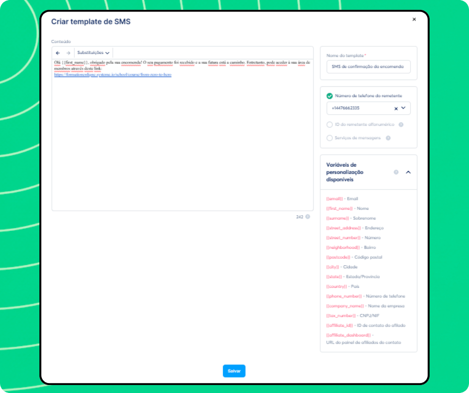 SMS template creation editor in systeme.io with message content, sender number selection, and personalization variables for dynamic fields.