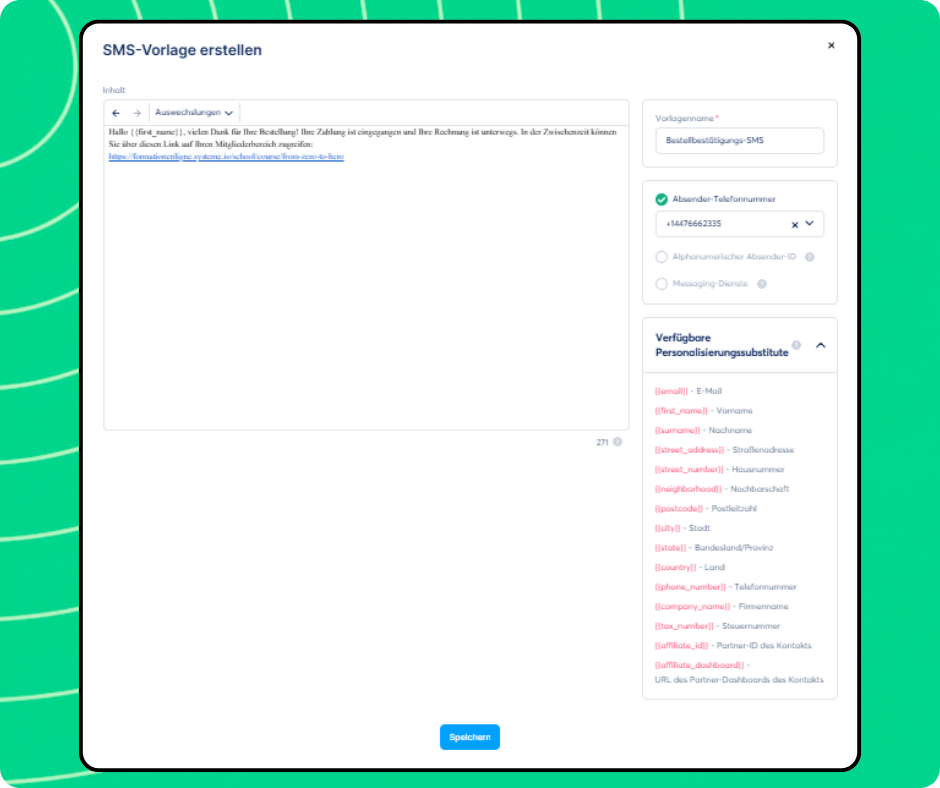 SMS template creation editor in systeme.io with message content, sender number selection, and personalization variables for dynamic fields.