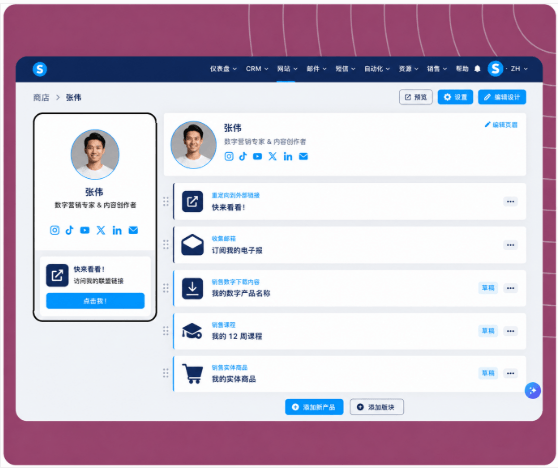 systeme.io creator store showing a single-page product storefront linked from a social media bio