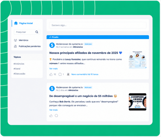 systeme.io online community dashboard showing member posts and community settings