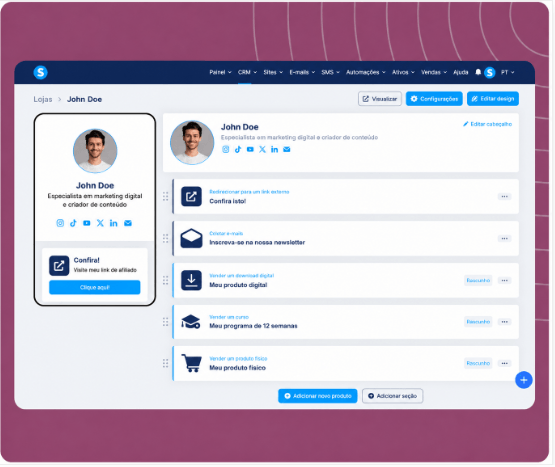 systeme.io creator store showing a single-page product storefront linked from a social media bio