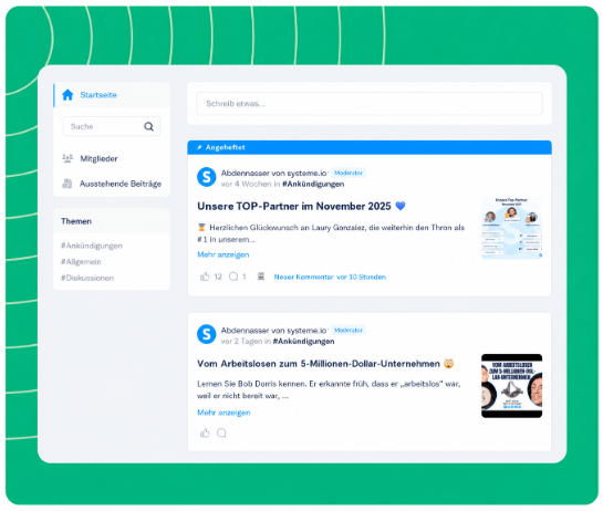 systeme.io online community dashboard showing member posts and community settings