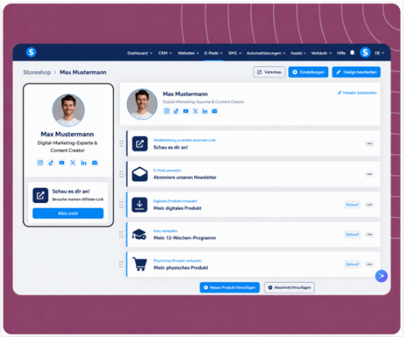 systeme.io creator store showing a single-page product storefront linked from a social media bio