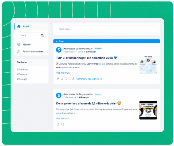 systeme.io online community dashboard showing member posts and community settings