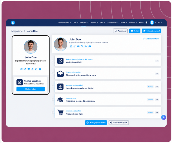systeme.io creator store showing a single-page product storefront linked from a social media bio