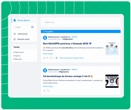 systeme.io online community dashboard showing member posts and community settings