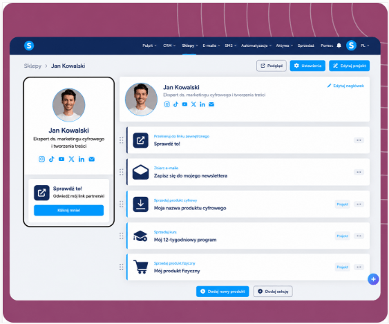 systeme.io creator store showing a single-page product storefront linked from a social media bio